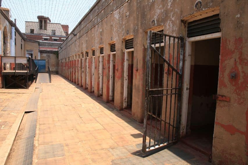 The isolation cells of prison Number Four at Constitution Hill in Johannesburg. The images of prisoners performing Tausa, taken by Bob Gosani, were secretly photographed from the rooftop in the background. The isolation cells of prison Number Four at Constitution Hill in Johannesburg. The images of prisoners performing Tausa, taken by Bob Gosani, were secretly photographed from the rooftop in the background.